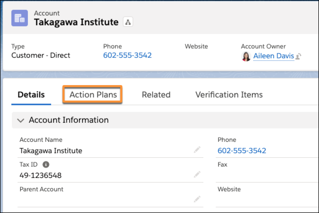 Action Plans tab on the Account record.