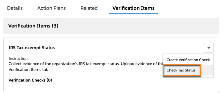 Select Check Tax Status from a Verification Item.