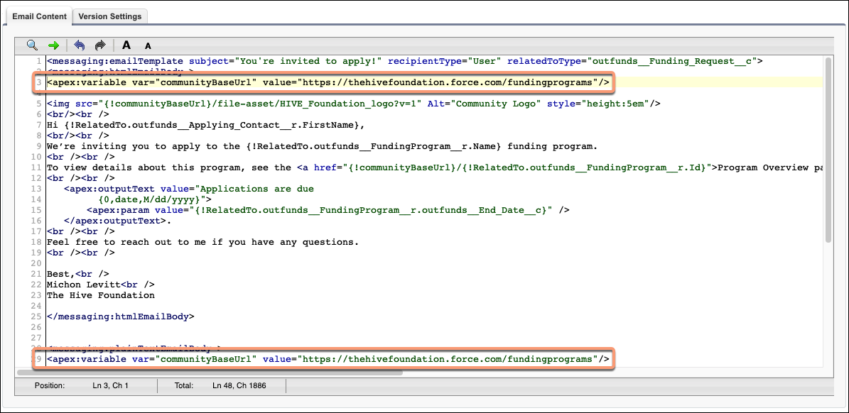 Applicant Invitation template has two locations that need the site URL added to.