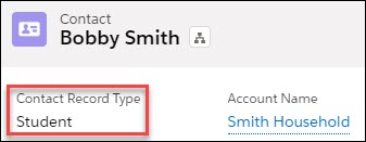 Record type value displayed in a student Contact record's page layout
