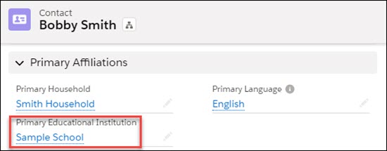 Newly added Primary Educational Institution field under the student Contact's Primary Affiliations