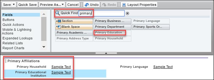 Drag Primary Educational Institution to the Primary Affiliations section in your page layout