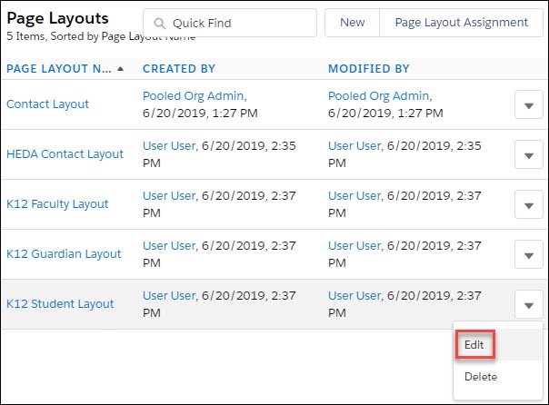 Access the K12 Kit Student Layout actions menu to edit the page layout