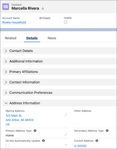A Contact record for Marcella Rivera with the Mailing Address 123 Main Street