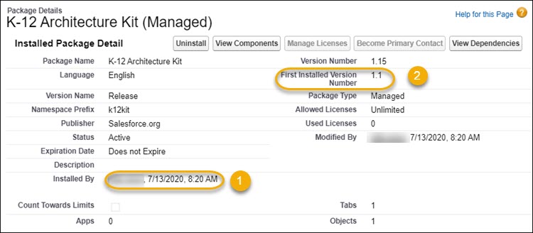 Package details, first installed version and last installed date