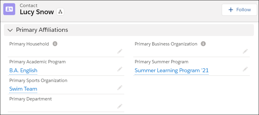 Lucy Snow's Contact record showing her primary Affiliations with an Academic Program called B.A. English, a sports organization called Swim Team, and a summer program called Summer Learning Program ‘21