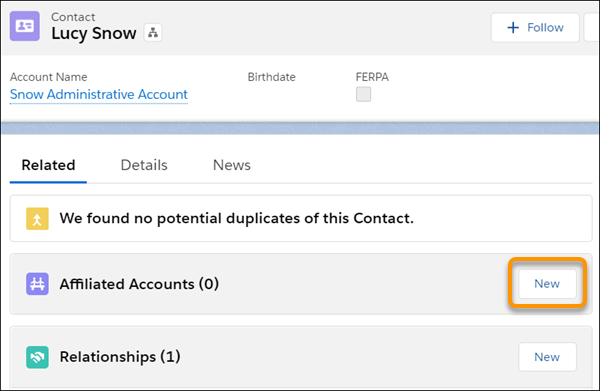 On Lucy Snow's Contact record, click New in the Affiliated Accounts related list.