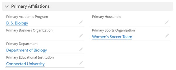 On a Contact record, the Primary Affiliations section shows the Affiliations that are considered primary.
