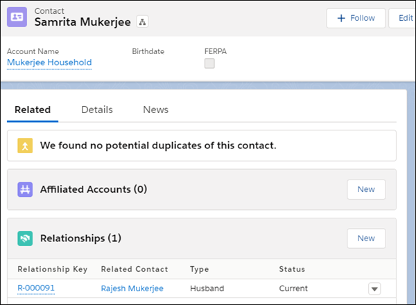 The Relationships related list on Samrita Mukerjee's Contact record shows her husband, Rajesh Mukerjee, as a Related Contact.