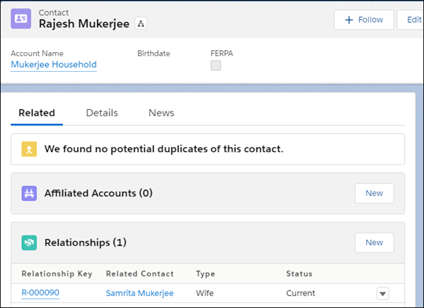 The Relationships related list on Rajesh Mukerjee's Contact record shows his wife, Samrita Mukerjee, as a Related Contact.