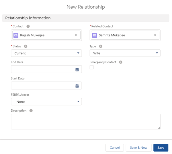 Creating a new Relationship record from the Contact record of Rajesh Mukerjee, to reflect his relationship with Related Contact, Samrita Mukerjee, and specifying in the Type field that she is Rajesh's Wife.