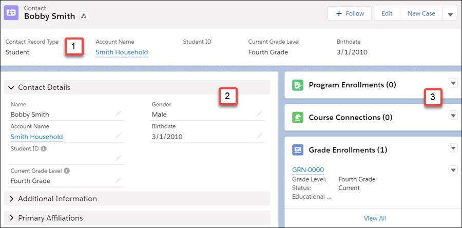 Locations of highlights panel, details area, and related lists section on a student Contact page layout