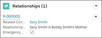 The Relationships related list on the student's Contact record shows a Relationships record, representing the mother's Relationship to the student