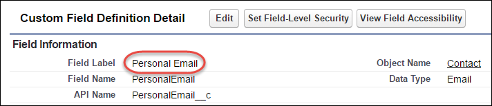 Field Label of Personal Email custom email field