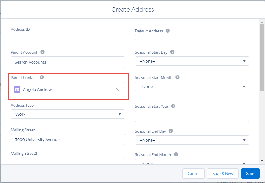 Create Address form shows the Parent Contact field populated when the Address is being created from a Contact record.