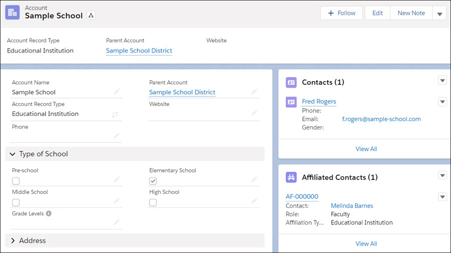 A school Account record with a teacher as a related Contact and a counselor as a related Affiliated Contact