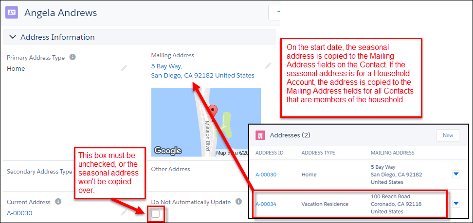 Contact record showing a seasonal address update on the start date