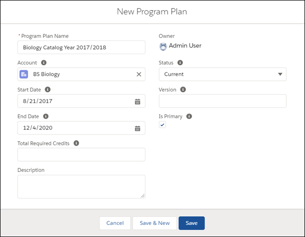 Fields filled out on a new Program Plan record, including the Program Plan Name, Biology Catalog Year 2017/2018.