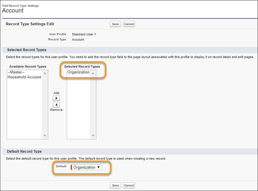 Editing the Account Record Type setting for a profile. Organization is in the Selected Record Types list and is selected as the Default record type.
