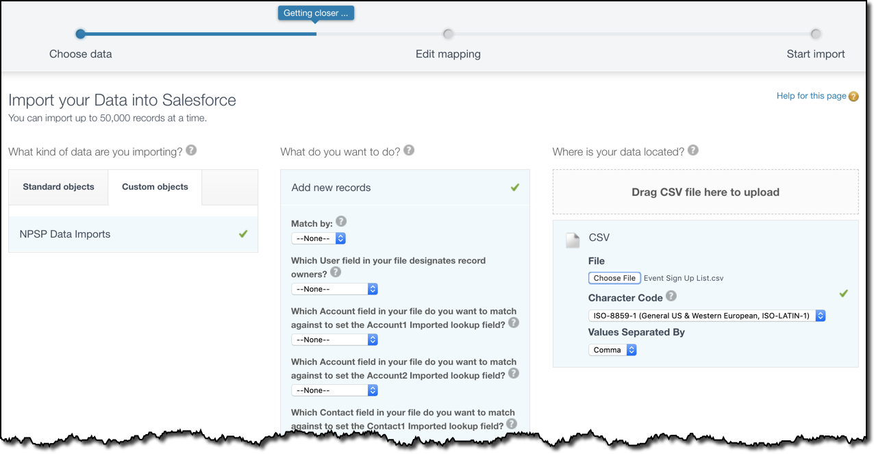 Top of the Data Import Wizard import setup screen.