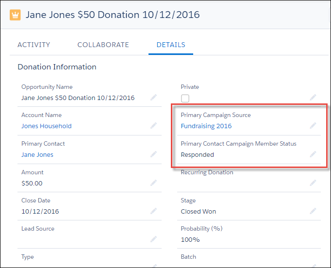 An Opportunities sample page with the Primary Campaign Source & Primary Contact Campaign Member Status fields highlighted.