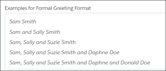 Formal Greeting preview field showing Formal Greeting examples such as "Sam Smith", "Sam and Sally Smith"
