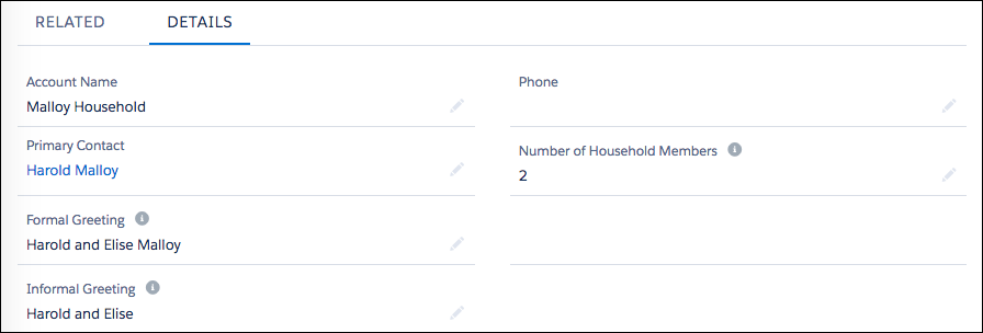 Account Detail section of a Household Account record showing Household Name, Formal Greeting, and Informal Greeting fields.