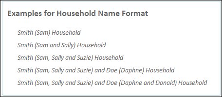Shows Household Name examples such as: "Smith (Sam) Household", "Smith (Sam and Sally) Household"