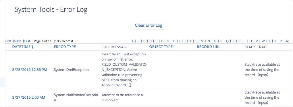 Error Log screen
