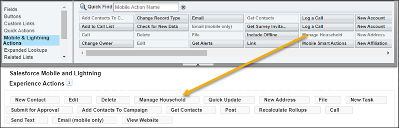 Page Layout editor with Manage Household button being added to Mobile and Lightning Actions area