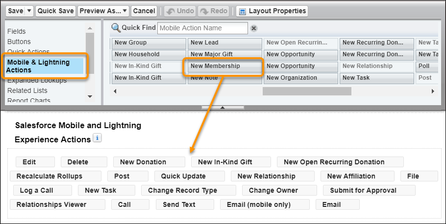 Contact page layout with the New Membership action highlighted