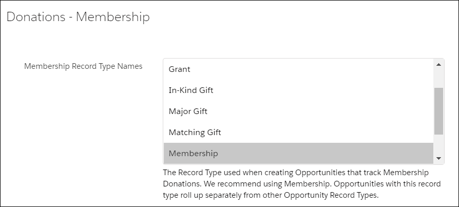 Membership Record Type Names setting in NPSP Settings