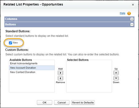 Buttons area of related list properties screen, with the standard New button selected and the custom New Account Donation moved to the Available Buttons list