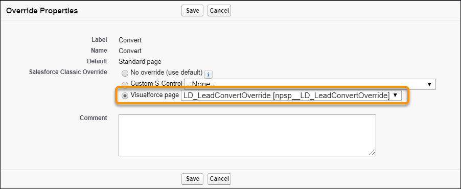Override Properties window, with the LD_LeadConvertOverride page selected.
