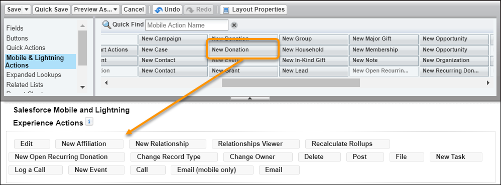 Adding the New Donation action to the Contact page layout