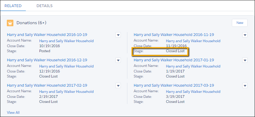 Closed Recurring Donation Opportunity related list showing all future Opportunities in a Closed Lost stage.