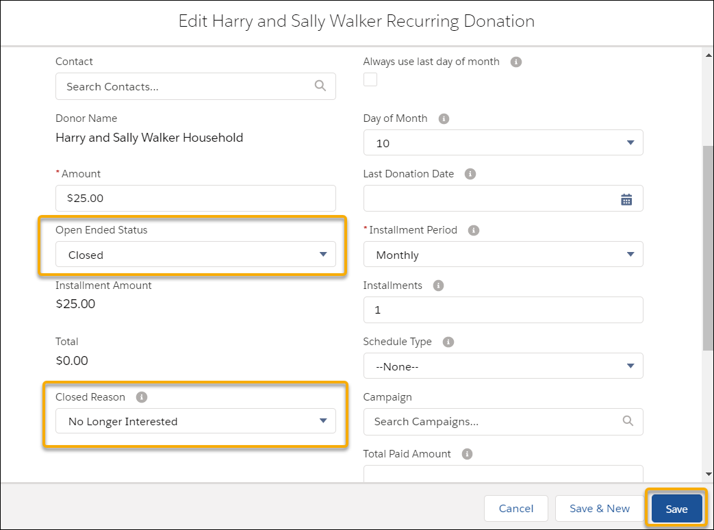 Donation record showing Closed Status and Closed Reason.