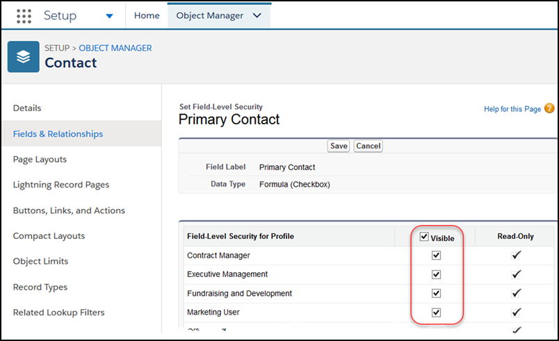 Field Access for the Primary Contact field. The Visible checkbox is selected for all profiles.