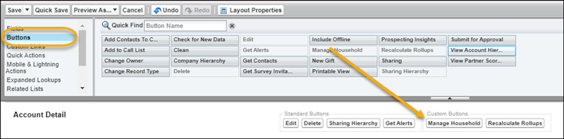 Page Layout editor with Manage Household button being added from Buttons list to Custom Buttons area.