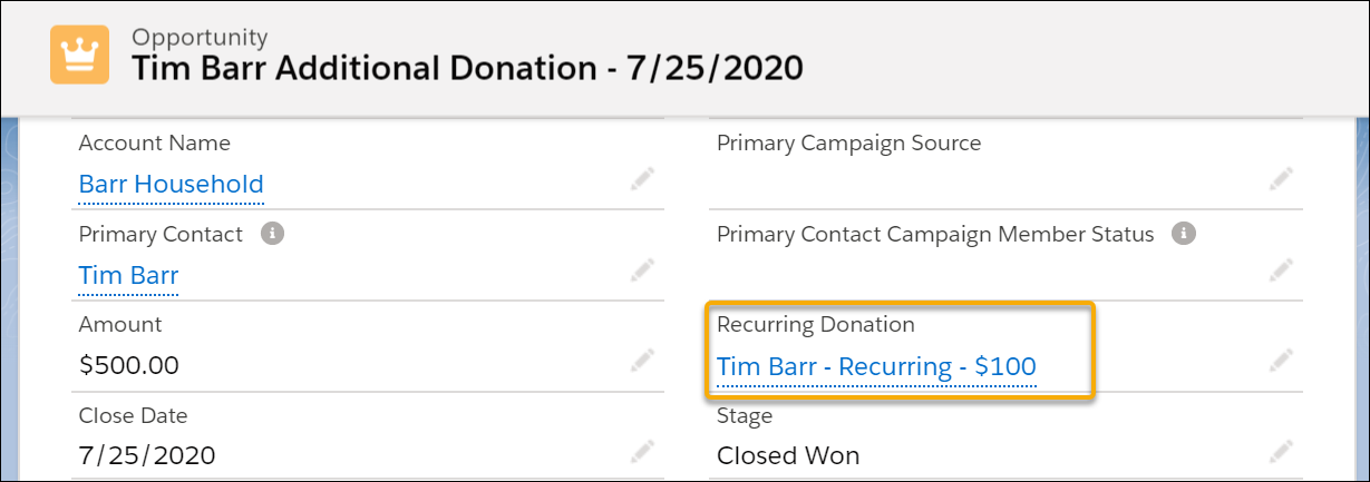 An Opportunity with the Recurring Donation field populated.