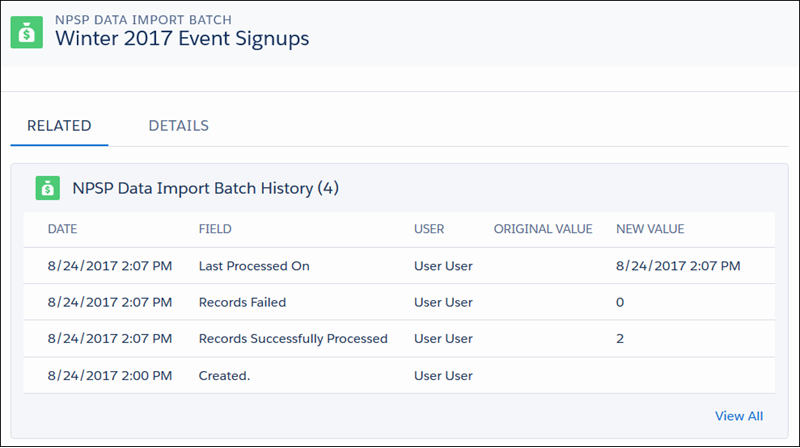 Field history for the Last Processed On, Records Failed, and Records Successfully Processed fields