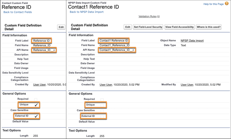 A screenshot comparing the Contact custom field with the corresponding NPSP Data Import field