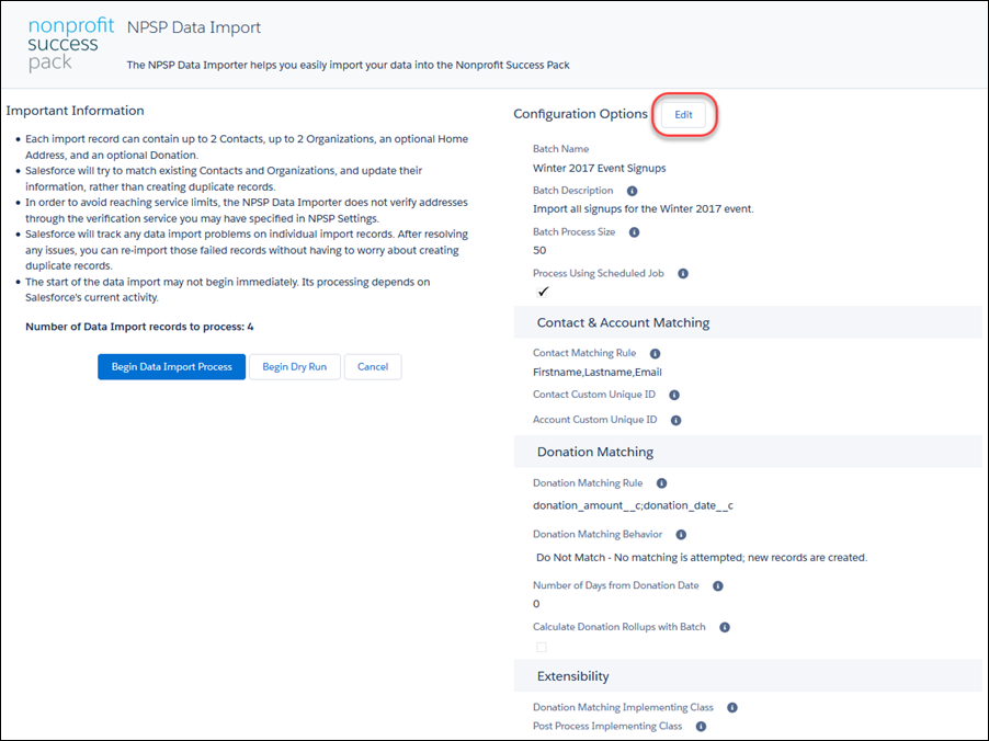 Edit button near the NPSP Data Import Configuration Options