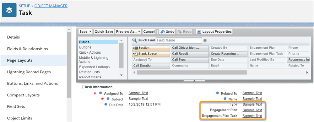 The Task page layout, with the Type, Engagement Plan, and Engagement Plan Task fields highlighted.