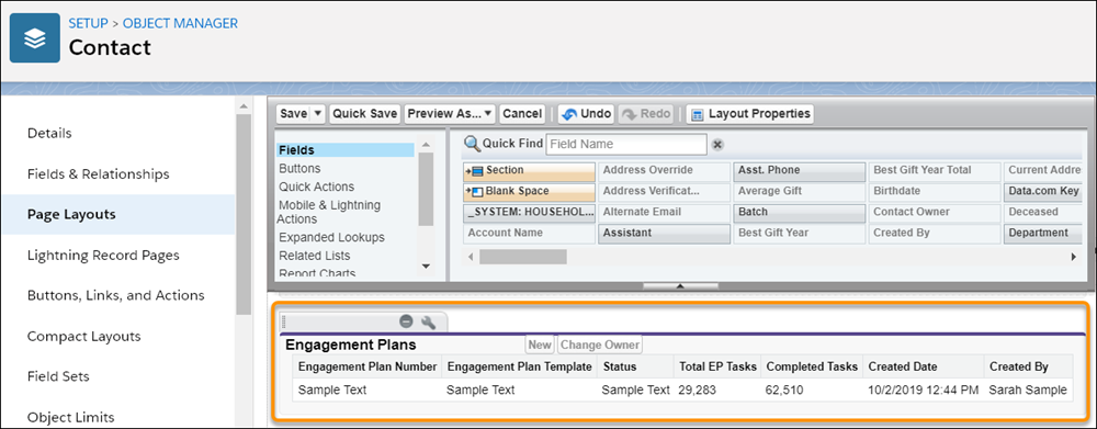 On the Contact page layout, the Engagement Plan related list is highlighted.