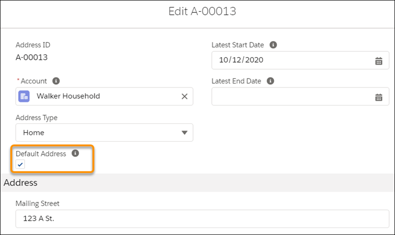 The Default Checkbox on the Address record is selected.