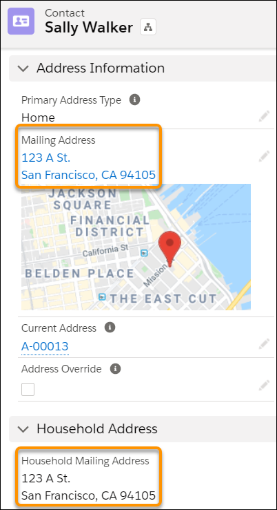 Since the default checkbox on the new Address is checked, the Address is copied to the Mailing Address and Household Mailing Address fields on the Contact record.