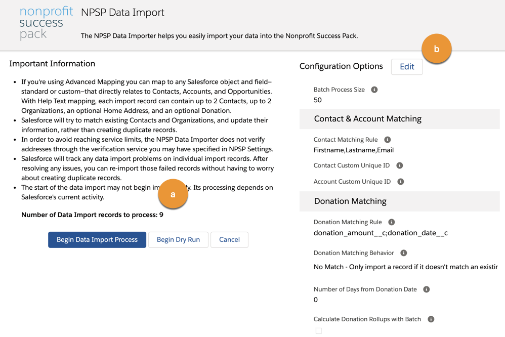 The beginning of the data import process. Review your configuration options and the number of records to be processed before clicking Begin Data Import Process.