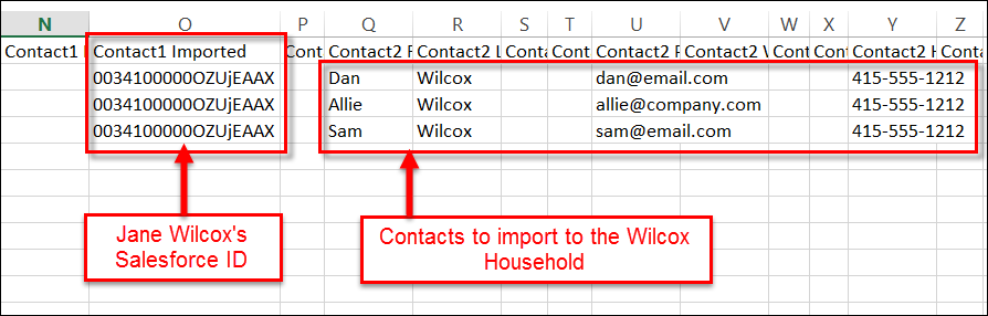 Import spreadsheet with Jane Wilcox's Salesforce ID in each import row.