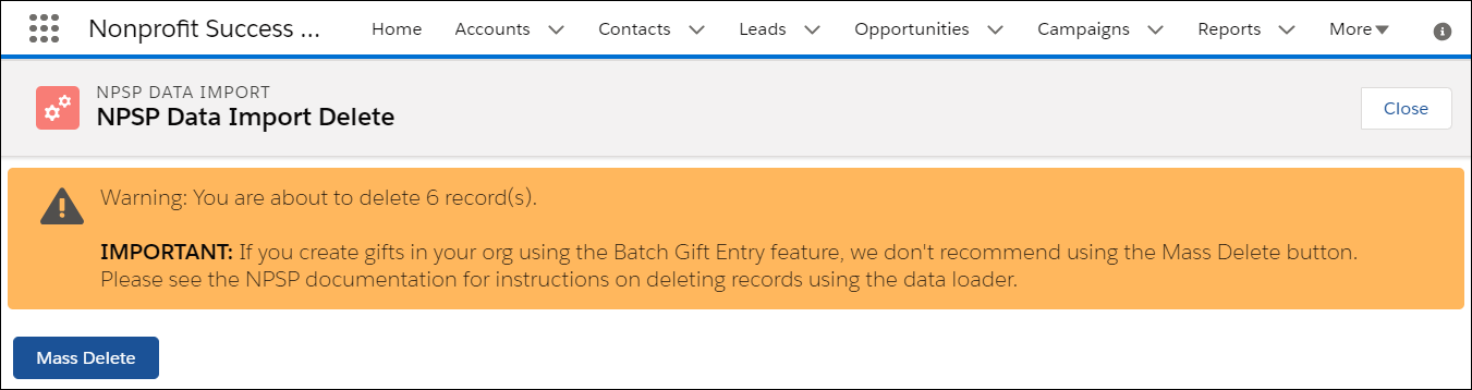 The Mass Delete page, with the warning that informs you how many records you're about to delete.